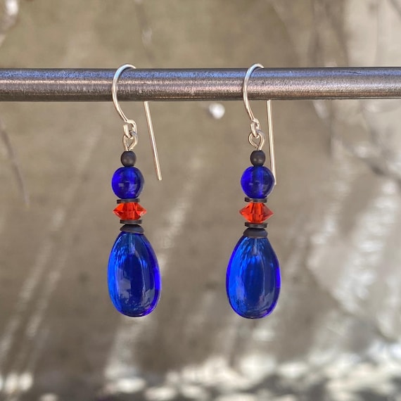 Cobalt Drop Earrings, Dark Blue Drop Earrings with Orange Austrian Accents, Cobalt Blue Czech Glass Top Beads, Bronze Trim, "Raindrops 39"