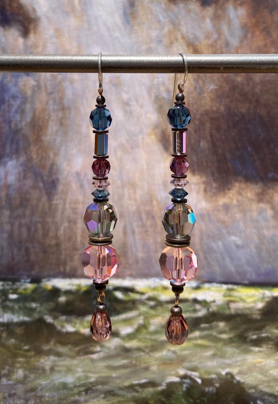 Purple and Pink Shoulder Duster Earrings, Rare Czech Glass and Austrian Crystal in Shades of Pink, Amethyst and Indigo, "Morning Light"