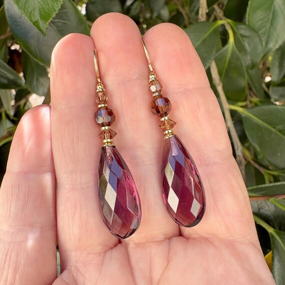 Mauve Glass Drop Earrings: Amethyst German Glass, Smoke Topaz Austrian Crystal, Gold