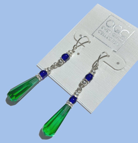 Emerald Chandelier Earrings, Antique Czechoslovakian Emerald Green Glass Prisms, Cobalt Accents, Art Deco Vintage Glass, "Waves 10"
