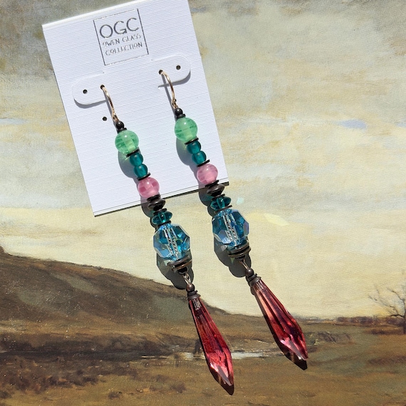 Antique Pink Czech Glass Duster Earrings, Sapphire, Emerald, Teal, Peridot Beads