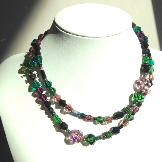 30 Inch Crystal Necklace, Jet, Amethyst and Emerald Czech Glass and Austrian Crystal Beaded Necklace, Art Deco Necklace, "5 O'Clock News"