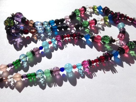 Art Deco Crystal Necklace: Amethyst, Tourmaline, Topaz Czech Glass, 30 Inch
