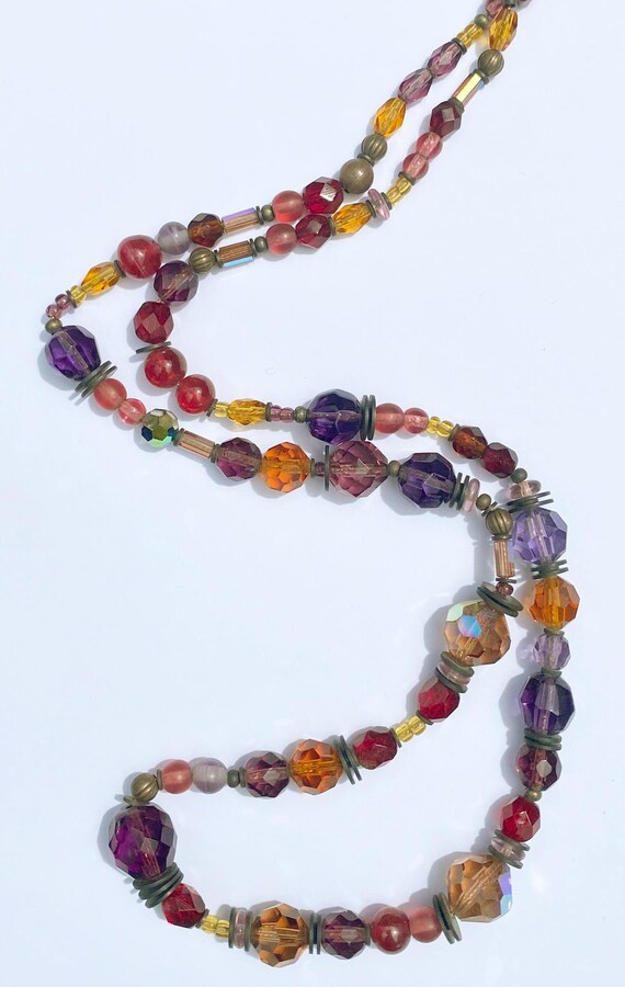 24 Inch Crystal Necklace, Shades of Garnet, Amethyst and Topaz in Czech Glass and Austrian Crystal, Bronze Accents, Art Deco, "Tangents"