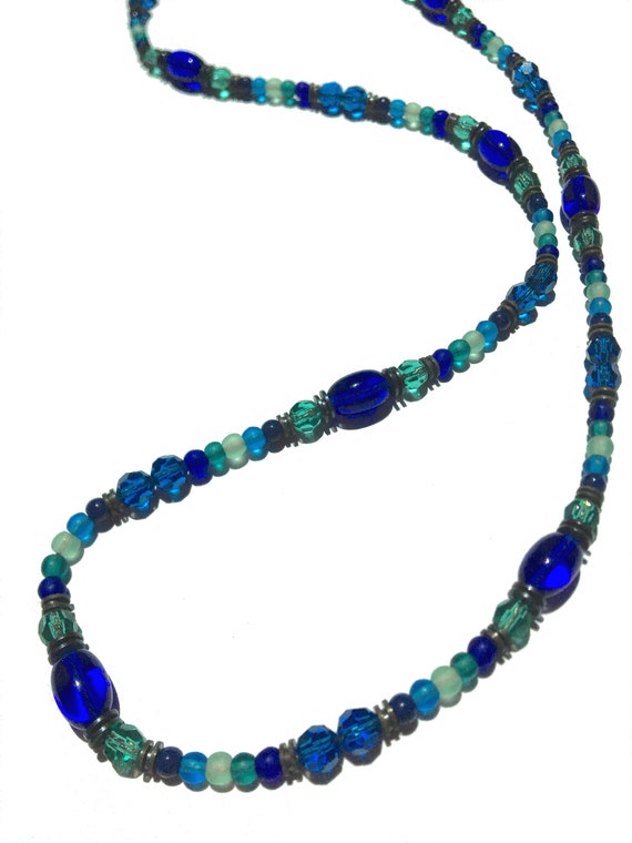 24 Inch Beaded Necklace, Austrian Crystal and Czech Glass in Shades of Blue and Green, Cobalt, Peridot, Turquoise, Antiqued Bronze, "Tahiti"