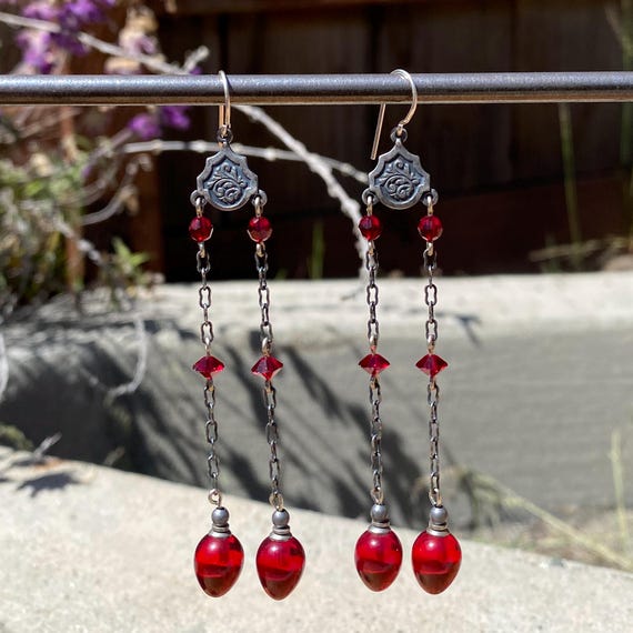 Red Dangle Earrings, German Glass Drops with Red Austrian Crystal Diamond Cut Accents, Antiqued Silver Trim, Style 271
