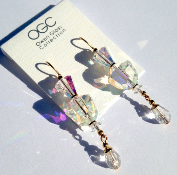 Austrian Crystal Earrings, Gold and Crystal Dangle Earrings, Art Deco Era Glass, Handmade, Rare Glass, Style "Foxtrot 22"