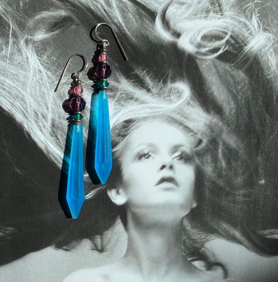 Frosted Capri Blue Prism Earrings, Antique Czech Glass Prisms, Emerald and Amethyst Austrian Crystal, Rare Glass, Handmade, Deco Era Glass