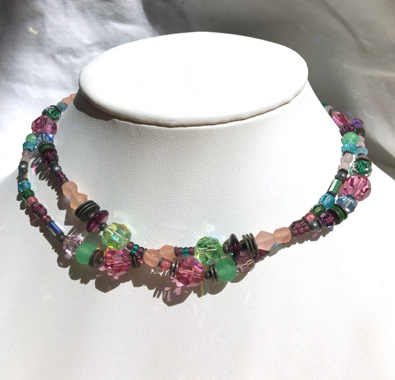 30 Inch Necklace, Austrian Crystal and Czech Glass, Pastel Pink and Green Glass, Antiqued Bronze, Art Deco Necklace, "Forget Louis XIV"