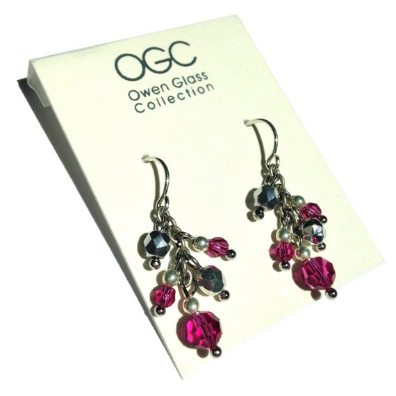 Bright Pink Fuchsia Austrian Crystal and Silver Coated Glass Dangle Cluster Earrings, Hot Pink Glass Earrings, Crystal Clusters, Blossoms 27