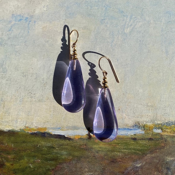 Lavender Glass Earrings, Periwinkle Purple German Glass Drops, Gold Trim, Handmade Dangle Earrings, "Lights 6"