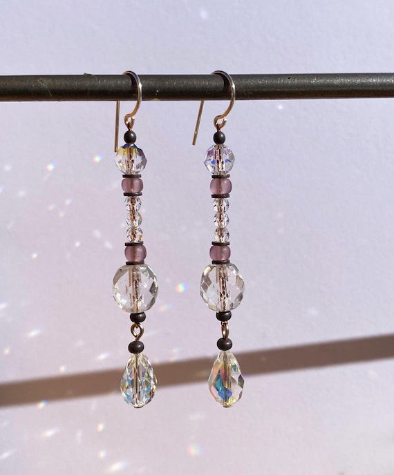 Crystal Earrings, Austrian Crystal, Iridescent Pear Shaped Drops, Rare Glass, Frosted Light Amethyst & Clear Czech Glass, Bronze, Style 26