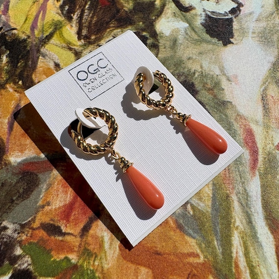 14 Karat Gold Filled Huggies Earrings, Antique Czech Coral Glass, Handmade Earrings