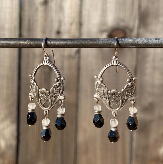 Art Deco Jet Glass Pendant Earrings: Antique Czechoslovakian Crystal, Sterling Silver