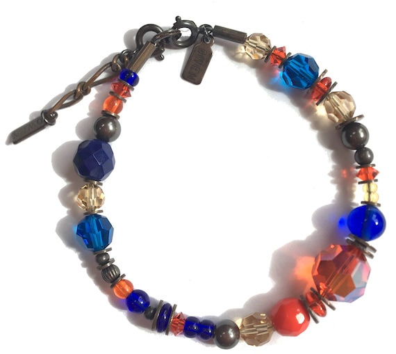 Cobalt and Topaz Bracelet, Austrian Crystal and Antique Czechoslovakian Glass, Bright Orange and Blue, Bronze Accents, Art Deco, "Hot Halos"