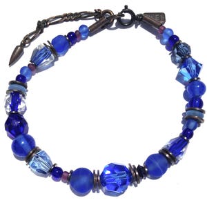 Sapphire and Cobalt Bracelet, Azure Czech Glass and Austrian Crystal Art Deco Beaded Bracelet with Bronze Accents,  &quot;Feeling Good About #1&quot;