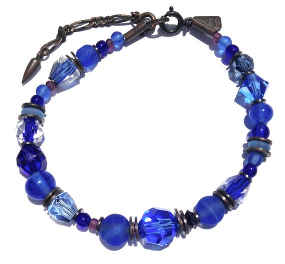 Sapphire and Cobalt Bracelet, Azure Czech Glass and Austrian Crystal Art Deco Beaded Bracelet with Bronze Accents,  "Feeling Good About #1"