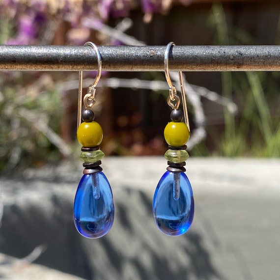 Sapphire Drop Earrings, Blue Drop German Glass Earrings with Green Czechoslovakian Accents, Bronze Trim, "Raindrops 58"
