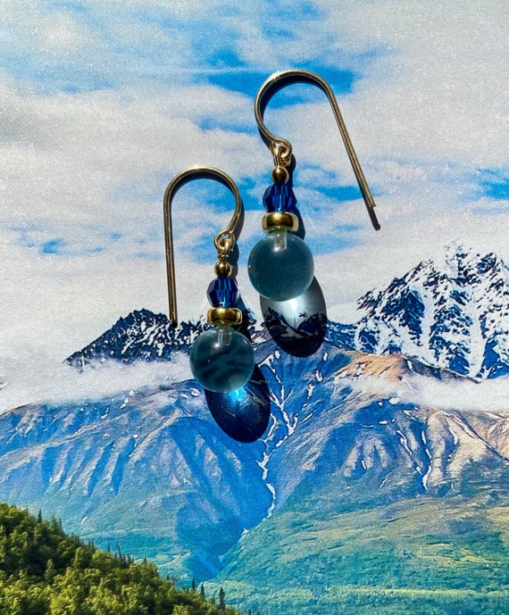 Aqua Glass Earrings, Austrian Crystal Top Beads in Capri Blue, Gold Accents, Dainty Earrings, Handmade, "Bubbles 66"