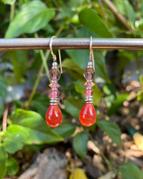 Rose Pink Earrings, Antique Czechoslovakian Glass with Pink Austrian Crystal and Czech Glass Amethyst Accents, "Style 223"