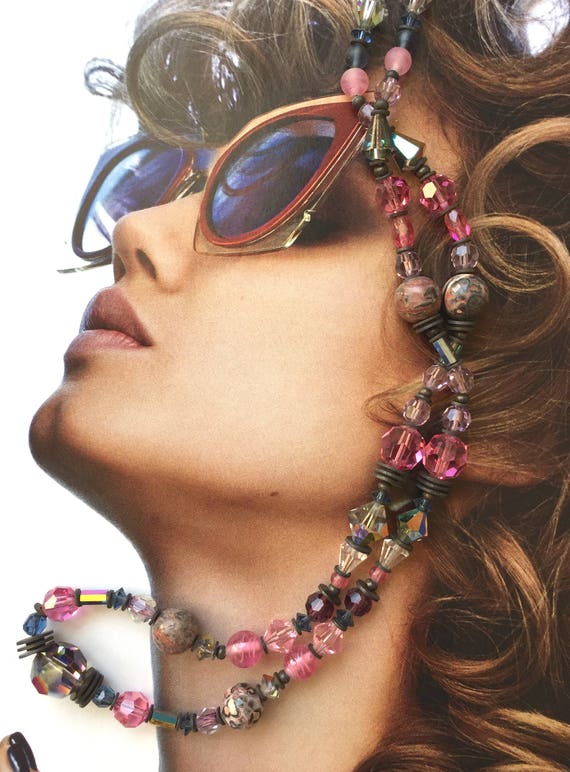 Pink Crystal Beaded Necklace: Antique Czech Glass & Bronze, 24 Inch