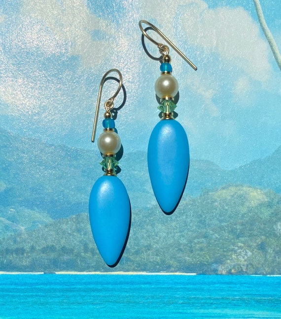 Turquoise Glass Earrings, Crystalized Pearls, Austrian Crystal Peridot Accents, Opaque Turquoise German Glass, Gold, Handmade, "Poolside"