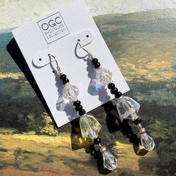 Clear Austrian Crystal Earrings, Jet Czech Glass, Sterling Wires, Art Deco Style 21