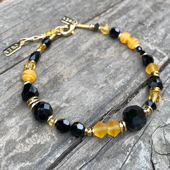 Jet and Gold Beaded Bracelet, Czech Glass, Austrian Crystal, Gold Trim, Rare Glass, Frosted Light Topaz Glass, "Goldfinch"
