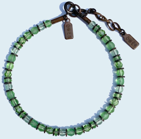 Beaded Bracelet, Shades of Peridot, Light Green Austrian Crystal, Czechoslovakian Glass, Stackable Bracelet, Art Deco, "Green Dream"