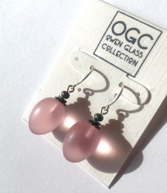 Frosted Light Rose Pink Earrings, German Glass Drops with Antiqued Bronze Accents and Sterling Silver Ear Wires, "Berries 11"