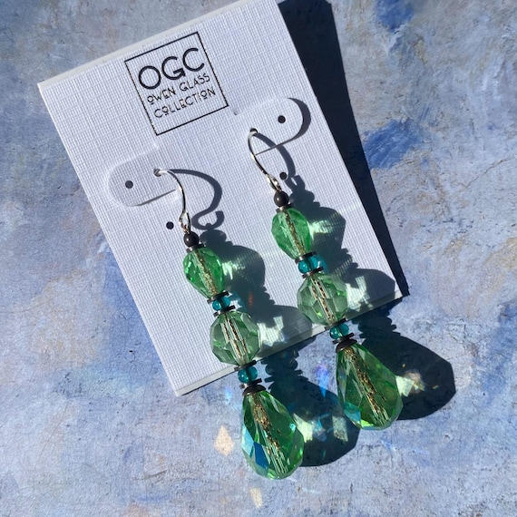 Iridescent Peridot Crystal Earrings: Crystal and Czech Glass Accents, Bronze Trim