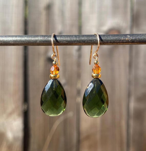 Green Glass Earrings, Topaz Crystal, Gold: Handmade Earrings, High Street 20