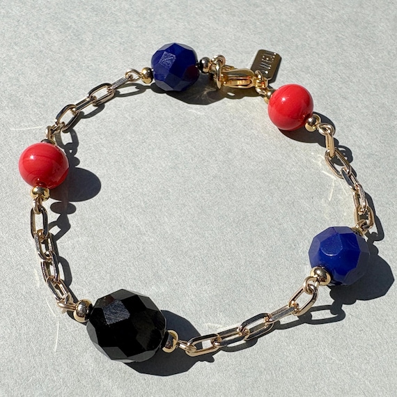 Jet, Cobalt and Coral Bracelet, Czech Glass, Art Deco, Gold
