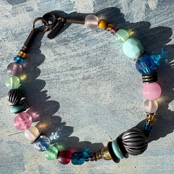 Pastel Crystal Beaded Bracelet; Art Deco Czech Glass, Turquoise, Rose, Capri Blue, Bronze