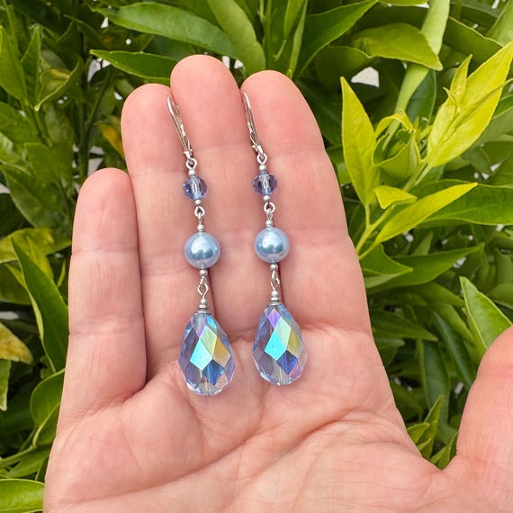 Blue Crystal Earrings: Rare Glass, Pearls, Silver, Art Deco