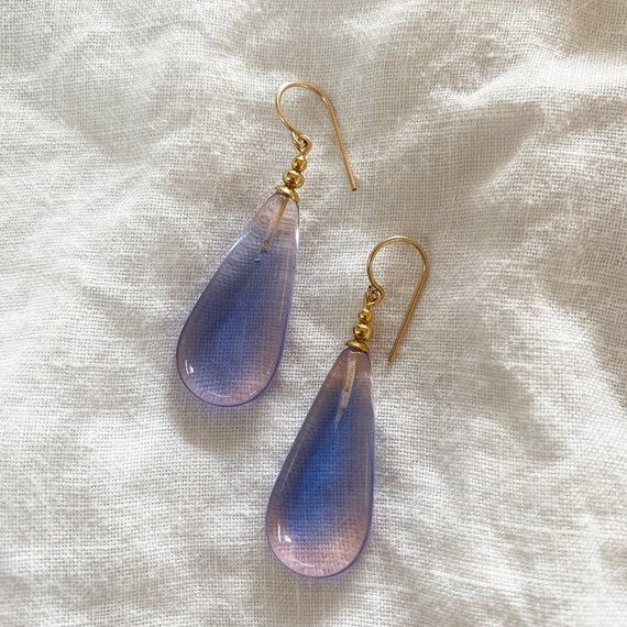 Sapphire and Pink Glass Earrings, 2-Tone German Glass Drops, Light Blue and Light Rose, Gold Trim, "Lights    25"