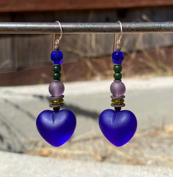 Frosted Cobalt Heart Dangle Earrings: Czech & German Glass, Antiqued Bronze