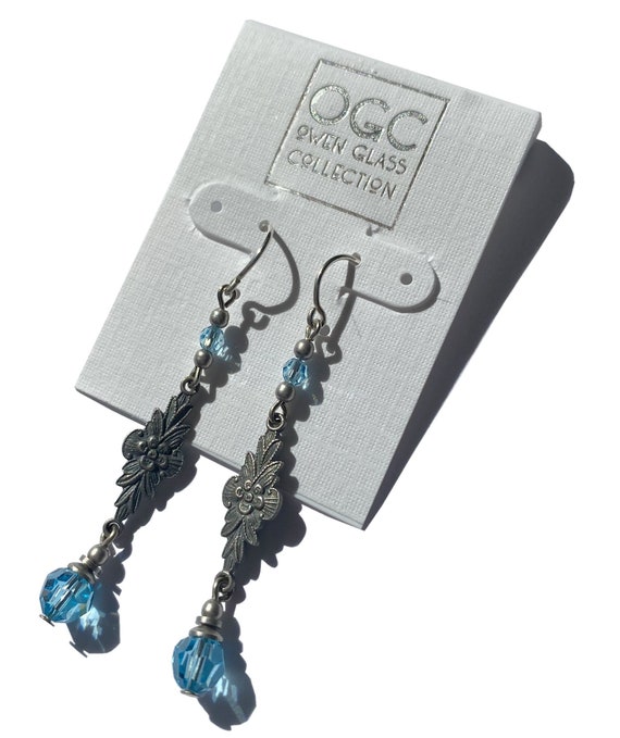 Aquamarine Crystal Earrings: Antique Silver Dipped Art Deco Filigree, "Grace 2"