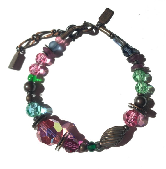 Crystal Beaded Bracelet, Czech Glass, Austrian Crystal, Pink, Peridot, Indigo and Emerald, Antiqued Bronze Accents, Art Deco, "Time Scales"
