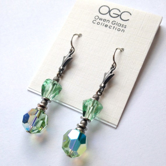 Peridot Earrings, Austrian Crystal with Iridescent Sheen, Antique Japanese Glass Light Peridot Accents with Silver Filigree, Style 294