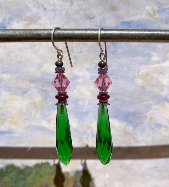 Emerald Green Chandelier Earrings: German Glass, Pink Austrian Crystal, Bronze, Style 130