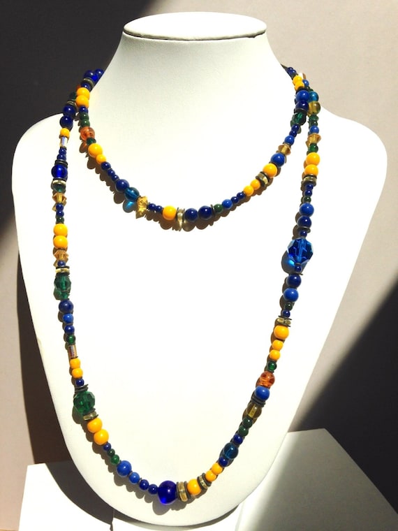 38 Inch Necklace, Cobalt, Emerald and Bright Yellow Czech Glass and Austrian Crystal, Art Deco Long Beaded Necklace, "Sailing Away"
