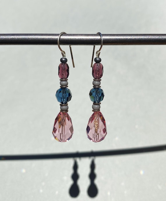 Crystal Earrings, Pale Pink Austrian Crystal Drop Earrings with Indigo Austrian Crystal, Amethyst and Opaque Gray Czech Glass, Style 80