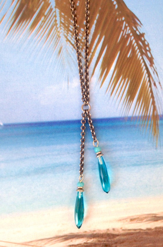 15 Inch Lariat Necklace, Antique Czech Glass Prisms, Turquoise Glass, 1920's Art Deco Chandelier Drops, Silver Ox Chain, "Waves 18"