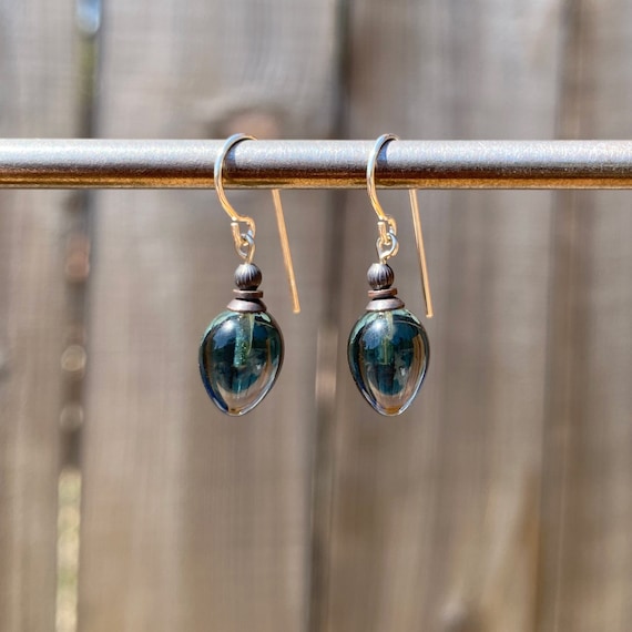 Indigo Blue Small Drop Earrings, German Glass with Antiqued Bronze Trim, Dainty Earrings, "Mini Berries 29"