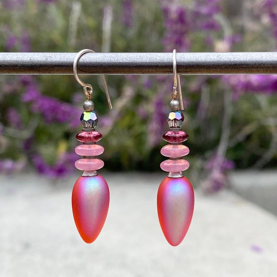 Frosted Fuchsia Earrings, Bright Pink Iridescent German Glass Drops, Czech Glass, Austrian Crystal, Art Deco, Handmade Earrings, "Tango 24"