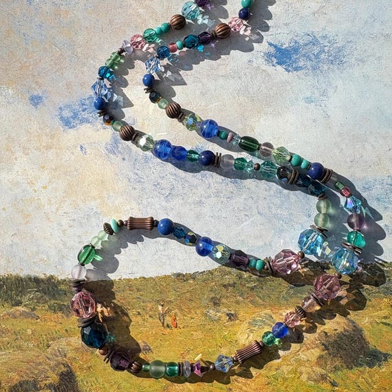 24-Inch Pastel Beaded Necklace: Pink, Aqua, Crystal, Czech Glass, Bronze, Art Deco