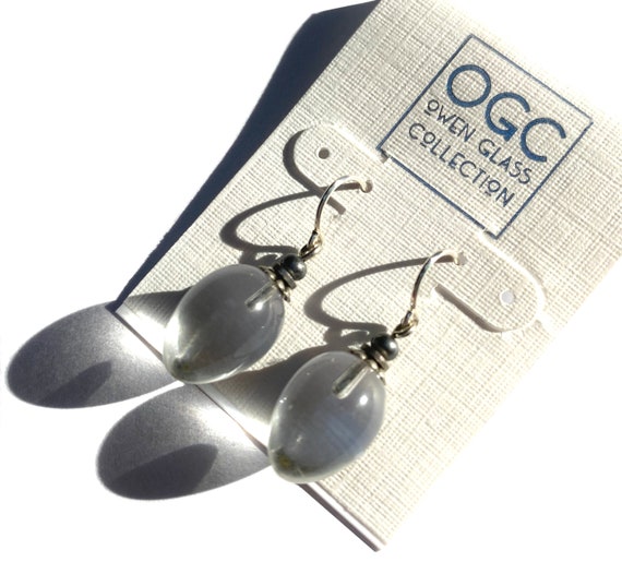 Clear Drop Earrings, German Glass Drops with Antiqued Silver Accents, Sterling Silver, Dainty Drop Earrings, Crystal Clear, "Berries 10"