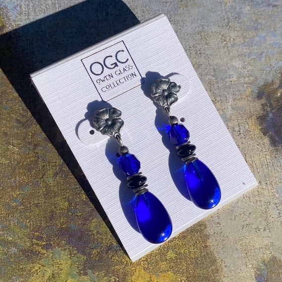 Cobalt Glass Drop Post Earrings, Silver Filigree, Czech Glass