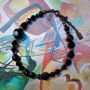 Jet Crystal Bracelet, Czechoslovakian Glass and Austrian Crystal Jet Beaded Art Deco Bracelet with Bronze, &quot;Sarcastic Friday&quot;